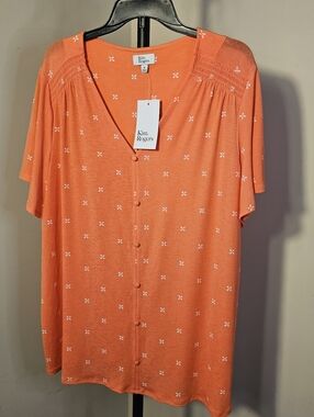 NWT Kim Rogers Coral Melon Floral Summer Top Blouse